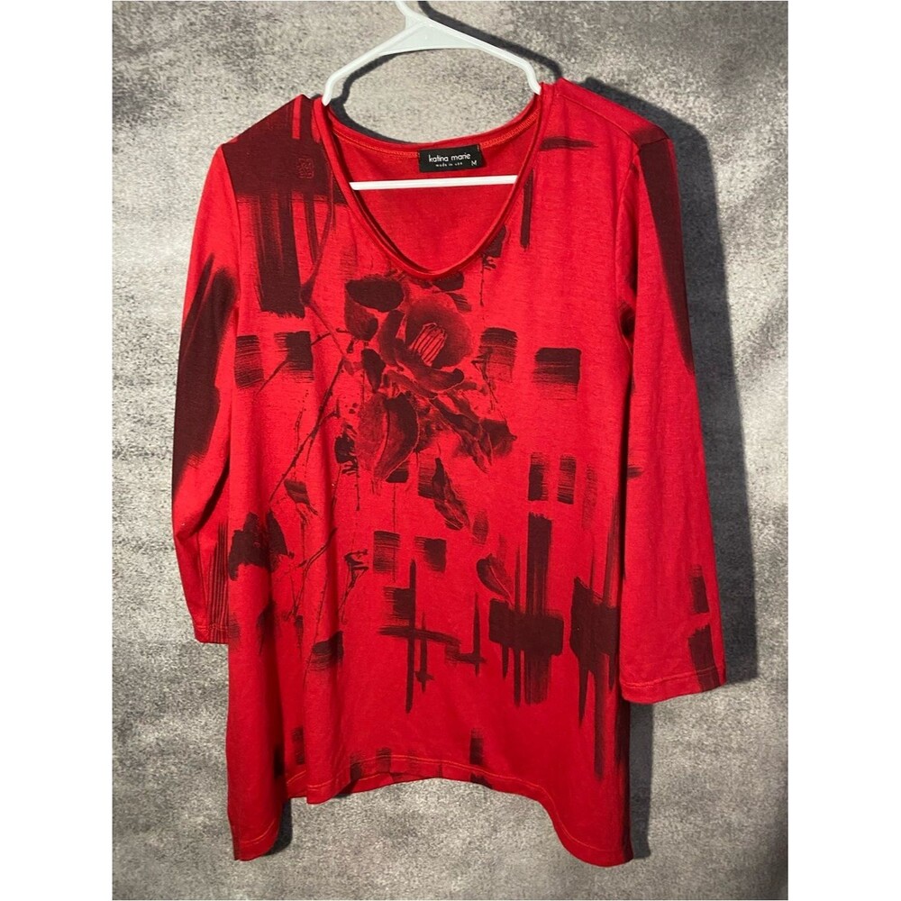 Katina Marie Top M Medium Red Black Floral Abstract Art 3/4 Sleeve Made In USA